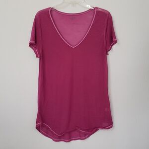 Y2K MUDD Tee Shirt Womens L Sheer Burnout Purple Raspberry V Neck Cap Sleeve Top